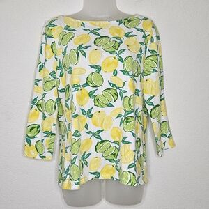 Talbots Cotton Lemon Lime Novelty Print Boatneck 3/4 Sleeve Stretch Top L